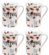 Give your morning joe an extra jolt with Konitz coffee mugs. White porcelain sprinkled with beans inside and out is easy to clean, easy to heat and a perfect way to enjoy a cafe cup in your kitchen.