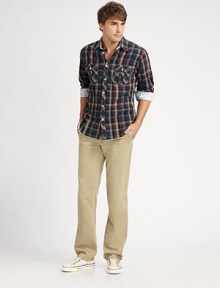 EXCLUSIVELY AT SAKS. A cleaned-up casual look touched cut with a classic, straight-leg fit in earthtone colors and supima cotton softness. Side slash, back welt pockets Inseam, about 34 Cotton; machine wash Imported 