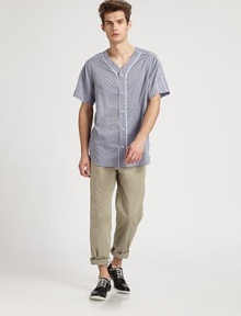 A more tailored vision of summer style, soft and easy cotton with tuxedo-style pegged legs. Side slash, back welt pocketsInseam, about 3296% cotton/4% LycraDry cleanMade in USA A more tailored vision of summer style, soft and easy cotton with tuxedo-style pegged legs. Side slash, back welt pocketsInseam, about 3296% cotton/4% LycraDry cleanMade in USA