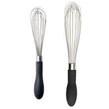 GOOD GRIPS Whisks feature polished stainless steel wires and teardrop shaped handles that fit comfortably in the palm of your hand. The soft handle wont slip out of your hand, even when wet. Beat eggs, stir batter, whip cream and stir sauces in comfort. Available in 9, 11, 11 Balloon and Flat versions. GOOD GRIPS Whisks feature polished stainless steel wires and teardrop shaped handles that fit comfortably in the palm of your hand. The soft handle wont slip out of your hand, even when wet. Beat eggs, stir batter, whip cream and stir sauces in comfort. Available in 9, 11, 11 Balloon and Flat versions.