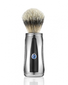 The Power Shave Collection Pure Badger Power Brush, a first of its kind worldwide, lifts the beard with powered oscillations for a close and comfortable shave. Using advanced technology to modernize the wet shave tradition and enhance the lathering experience. The precise motion generates a rich, moisturizing lather into the hair to protect the skin. Ergonomically designed with a micro-textured surface for style and grip, the handle is elegantly handcrafted in polished chrome with black lacquered accents. The Power Shave Collection Pure Badger Power Brush, a first of its kind worldwide, lifts the beard with powered oscillations for a close and comfortable shave. Using advanced technology to modernize the wet shave tradition and enhance the lathering experience. The precise motion generates a rich, moisturizing lather into the hair to protect the skin. Ergonomically designed with a micro-textured surface for style and grip, the handle is elegantly handcrafted in polished chrome with black lacquered accents.