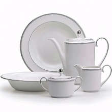 A beautiful collection for formal dining in white fine bone china with delicate platinum-hued rim accents. A beautiful collection for formal dining in white fine bone china with delicate platinum-hued rim accents.