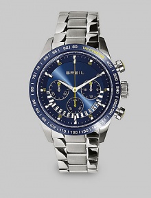 A luminous face and satin-finished stainless steel case, crafted with expert Swiss precision and a three-eye chronograph functionality. Anti-reflective glass Stainless steel case and bracelet Date display Second hand Water-resistant to 10 ATM Round case, 38mm, 1.50 Swiss quartz movement Deployment buckle Imported A luminous face and satin-finished stainless steel case, crafted with expert Swiss precision and a three-eye chronograph functionality. Anti-reflective glass Stainless steel case and bracelet Date display Second hand Water-resistant to 10 ATM Round case, 38mm, 1.50 Swiss quartz movement Deployment buckle Imported