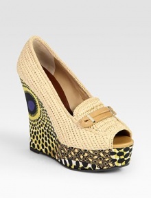 Timeless silhouette in woven raffia with leather trim and a retro-chic printed wedge. Printed linen-covered wedge, 6 (150mm)Printed linen-covered platform, 1½ (40mm)Compares to a 4½ heel (115mm)Leather and raffia upperLeather lining and solePadded insoleMade in Italy Timeless silhouette in woven raffia with leather trim and a retro-chic printed wedge. Printed linen-covered wedge, 6 (150mm)Printed linen-covered platform, 1½ (40mm)Compares to a 4½ heel (115mm)Leather and raffia upperLeather lining and solePadded insoleMade in Italy