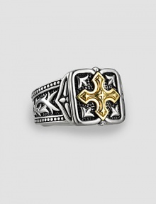 Handsome 18k gold cross accent on Sparta-engraved sterling silver. About ¾ X ¾ Made in USA Handsome 18k gold cross accent on Sparta-engraved sterling silver. About ¾ X ¾ Made in USA