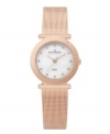 Skagen Denmark's signature mesh stuns with rose-gold warmth. Rose-gold-plated stainless steel bracelet and round case. White mother-of-pear dial features crystal accents at markers, three rose-gold tone hands and logo. Quartz movement. Water resistant to 30 meters. Limited lifetime warranty.