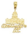 Honor our nation's capital. This iconic charm features the the words Washington D.C. inscribed on the front, along with the Capitol Building. Set in 14k gold. Chain not included. Approximate length: 9/10 inch. Approximate width: 8/10 inch.