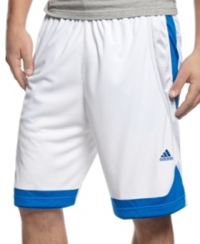 Slam dunk! These performance shorts from adidas will be the high-scorer for comfort and sporty style. Slam dunk! These performance shorts from adidas will be the high-scorer for comfort and sporty style.