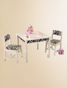 The perfect workspace for finishing up homework, working on art projects or even enjoying a quick snack. This sturdy furniture set is crafted from solid wood with zebra striped artwork for a bold look the whole family will love.Decal stripes on table and chairsSmart, sturdy constructionMade of solid woodTable: 24L X 24W D 19HChair: 11.5L X 11.75W D 21.5H (seat: 12H28 lbsImported