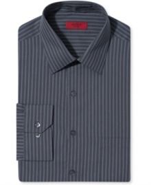Fitted for a sleek silhouette. Pair Alfani's striped dress shirt with classic black trousers for instant work-ready style. Fitted for a sleek silhouette. Pair Alfani's striped dress shirt with classic black trousers for instant work-ready style.