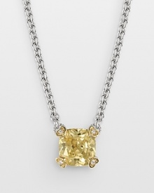 Faceted canary crystal stone necklace is offset by four heart-shaped diamond accents set in 18 Kt. gold. On a sterling silver chain. Designed by Judith Ripka. Faceted canary crystal stone necklace is offset by four heart-shaped diamond accents set in 18 Kt. gold. On a sterling silver chain. Designed by Judith Ripka.