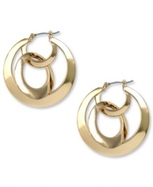 Go for the unexpected. These Jones New York hoop earrings cover new ground with a doubled-up design. Crafted in gold tone mixed metal. Approximate diameter: 1-1/4 inches. Go for the unexpected. These Jones New York hoop earrings cover new ground with a doubled-up design. Crafted in gold tone mixed metal. Approximate diameter: 1-1/4 inches.