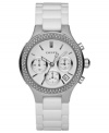 Dare to dazzle. This DKNY watch features a white ceramic bracelet and round stainless steel case. Crystal accents at bezel. White glossy dial with silvertone stick indices, logo, date window and three subdials. Quartz movement. Water resistant to 50 meters. Two-year limited warranty.