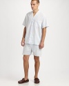 A remarkably comfortable shirt and shorts set made especially for summer with open weave stripes in breathable cotton. Machine wash. Imported.SHIRTButtonfrontV-neck collarChest patch pocketSHORTSAdjustable two-button waistButton flyNo pocketsInseam, about 3½