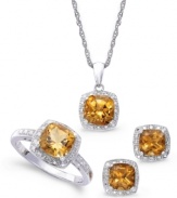 A touch of sunshine. Round-cut citrine (4-3/4 ct. t.w.) and sparkling diamond accents adorn this pretty matching jewelry set. Includes a pendant, stud earrings and ring in sterling silver. Approximate necklace length: 18 inches. Approximate drop: 1/2 inch. Approximate earring diameter: 1/4 inch. Size 7.