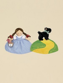 Reversible doll has two contrasting outfits in one: Dorothy in a check print cotton dress with braids and a picnic basket flips to a curly Toto on a hill and a soft yellow brick road. Toto is cohair polyester 11H X 10W X 2½D Imported Recommended for ages 2 and up