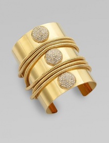 A distinctive design with three pavé rhinestone circles and multi-wrap snake chain details. Glass stonesBrassDiameter, about 2¼Slip-on styleImported A distinctive design with three pavé rhinestone circles and multi-wrap snake chain details. Glass stonesBrassDiameter, about 2¼Slip-on styleImported