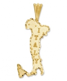 Display your pride and love for a place that truly puts the Rome in Romance! Delicate text reads Italy upon this gorgeous 14k gold charm. Chain not included. Approximate drop length: 1-1/5 inch. Approximate drop width: 1/2 inch. Display your pride and love for a place that truly puts the Rome in Romance! Delicate text reads Italy upon this gorgeous 14k gold charm. Chain not included. Approximate drop length: 1-1/5 inch. Approximate drop width: 1/2 inch.