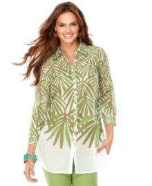 A crisp button-down shirt is pepped up with a vibrant palm fronds print in this Charter Club look. A crisp button-down shirt is pepped up with a vibrant palm fronds print in this Charter Club look.