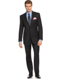 Traditional masculine style with a distinctly modern head-turning edge. In an allover black stripe pattern, with three-button style jacket and flat-front pant that can easily be worn on its own for a less formal look. Jacket features a notched lapel, chest welt pocket, two flap pockets, three inside slit pockets and four button cuff detail. Pant features on-seam front pockets and back slit pockets with button closure.