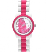 Transform into something beautiful with this biodegradable watch by Sprout. Fuchsia and white corn resin bracelet and round case with mineral crystal. Genuine mother-of-pearl dial features diamond accent at twelve o'clock, printed black minute track, fuchsia butterfly design, silver tone minute and hour hands, sweeping second hand and logo. Quartz movement. Limited lifetime warranty.
