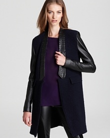 A soft wool-blend and supple leather meet on this sleek Sachin + Babi jacket for the perfect fall look to layer over sleek leggings and distressed skinnies. A soft wool-blend and supple leather meet on this sleek Sachin + Babi jacket for the perfect fall look to layer over sleek leggings and distressed skinnies.