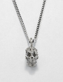 Sterling silver 'Small Day Of The Dead' skull pendant with intricately carved cross-shaped eyes suspends from a curb link chain with signature logo detail.Sterling silverLength about 24Lobster claspMade in USA Sterling silver 'Small Day Of The Dead' skull pendant with intricately carved cross-shaped eyes suspends from a curb link chain with signature logo detail.Sterling silverLength about 24Lobster claspMade in USA