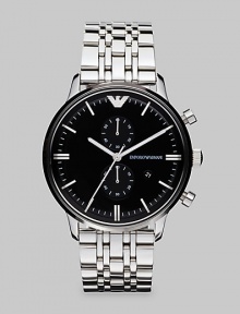Polished perfection for the gentleman of style in striking stainless steel with a black dial.Round bezelQuartz movementWater resistant to 5ATMDate function at 4Second handStainless steel case: 43mm(1.69)Stainless steel braceletImported Polished perfection for the gentleman of style in striking stainless steel with a black dial.Round bezelQuartz movementWater resistant to 5ATMDate function at 4Second handStainless steel case: 43mm(1.69)Stainless steel braceletImported