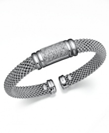 On-trend style with a splash of sparkle. This chic sterling silver mesh bracelet features a rectangular center covered in round-cut diamonds (1/3 ct. t.w.). Open-ended bangle slips easily over the wrist. Approximate diameter: 2-1/2 inches. On-trend style with a splash of sparkle. This chic sterling silver mesh bracelet features a rectangular center covered in round-cut diamonds (1/3 ct. t.w.). Open-ended bangle slips easily over the wrist. Approximate diameter: 2-1/2 inches.