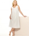 A beautiful, cotton classic. This sleeveless nightgown by Charter Club features lace trim, a partial button front and embroidered dots.