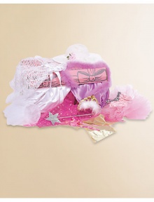 Fairy tales come true with this pretty, pretty princess-inspired dress up trunk. Includes 2 dresses in pink and white, 2 sashes in silver and gold, a magic wand, tutu, boa, hat, veil, and more.Suitable for ages 3 and upImported