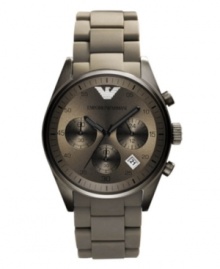 Give black and brown the day off and make a mark with this new neutral by Emporio Armani. Watch crafted of gray silicone-wrapped stainless steel bracelet and round gray-plated stainless steel case. Gray chronograph dial features black numerals, minute track, date window, three subdials, three hands and logo. Automatic movement. Water resistant to 30 meters. Two-year limited warranty. Give black and brown the day off and make a mark with this new neutral by Emporio Armani. Watch crafted of gray silicone-wrapped stainless steel bracelet and round gray-plated stainless steel case. Gray chronograph dial features black numerals, minute track, date window, three subdials, three hands and logo. Automatic movement. Water resistant to 30 meters. Two-year limited warranty.