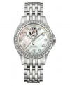 A timepiece of total sophistication. Kirkwood collection watch by Bulova Accutron crafted of stainless steel bracelet and round case with clear back and curved sapphire crystal. Bezel and dial embellished with 51 hand-set diamond accents. Mother-of-pearl dial features silver tone numerals at markers, black minute track, logo and aperture view of movement at twelve o'clock. Swiss mechanical Sellita movement. Water resistant to 100 meters. Five-year limited warranty.