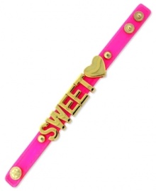 Sugary style. A chic neon pink leather bracelet from BCBGeneration with gold tone mixed metal letters and snaps. Approximate length: 8 inches. Sugary style. A chic neon pink leather bracelet from BCBGeneration with gold tone mixed metal letters and snaps. Approximate length: 8 inches.