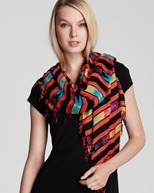 A tribal-inspired print and fringe give this Theodora & Callum scarf a casual-cool vibe. A tribal-inspired print and fringe give this Theodora & Callum scarf a casual-cool vibe.