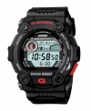 For the rough and rugged. Keep it real with this classic G-Shock design. Watch crafted of black resin strap and round case. Shock-resistant, positive display digital dial features auto EL backlight with afterglow, world time, tide graph, flash alert, four alarms and one snooze, hourly time signal, countdown timer, stopwatch, auto calendar and 12/24 hour formats. Quartz movement. Water resistant to 200 meters. One-year limited warranty.