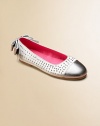 Accented with silver studs and a brilliant bow, these satin flats will dress up any outfit.Slip-onSatin upperPolyurethane liningRubber solePadded insoleImported