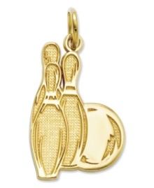 The perfect strike! This cute charm features three bowling pins and a bowling ball, all in polished and textured 14k gold. Chain not included. Approximate length: 9/10 inch. Approximate width: 1/2 inch. The perfect strike! This cute charm features three bowling pins and a bowling ball, all in polished and textured 14k gold. Chain not included. Approximate length: 9/10 inch. Approximate width: 1/2 inch.