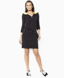Inspired by a classic hoodie, this chic Lauren by Ralph Lauren fleece dress is rendered with a half-zip placket, thermal-lined hood and drawcord waist. Inspired by a classic hoodie, this chic Lauren by Ralph Lauren fleece dress is rendered with a half-zip placket, thermal-lined hood and drawcord waist.
