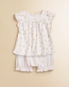 A pretty floral print and delicate embroidery add a charming look to this precious babydoll top and bloomer set.Round, banded collar with floral embroideryShort raglan sleevesButton-backCottonMachine washImported Please note: Number of buttons/snaps may vary depending on size ordered. 