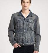 A denim wardrobe essential, uniquely crafted in a comfortable stretch cotton, and treated unevenly to create striking highs and lows.Button-frontChest flap, side slash pockets89% cotton/11% polyesterMachine washMade in USA