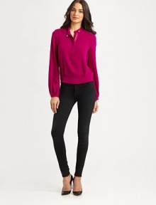 EXCLUSIVELY AT SAKS. Silk crepe blouse in a short silhouette, enlivened by a unique zippered neckline, bishop sleeves and strategically placed pleats. Roundneck with snap closure and zipperLong bishop sleevesPleated back yokeSilkDry cleanImportedModel shown is 5'9 (176cm) wearing US size 4. EXCLUSIVELY AT SAKS. Silk crepe blouse in a short silhouette, enlivened by a unique zippered neckline, bishop sleeves and strategically placed pleats. Roundneck with snap closure and zipperLong bishop sleevesPleated back yokeSilkDry cleanImportedModel shown is 5'9 (176cm) wearing US size 4.