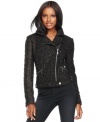 INC combines ladylike tweed with an edgy moto-inspired silhouette for a unique petite jacket that's sure to turn heads. Sequin-flecked boucle fabric adds shine and touchable texture. (Clearance)