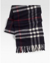 Soft, luxurious cashmere woven in the iconic check pattern.Fringed edgesAbout 12W x 66LCashmereDry cleanImported