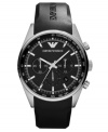 An intriguing combination of black and silver adds modern style to this precise chronograph watch from Emporio Armani.