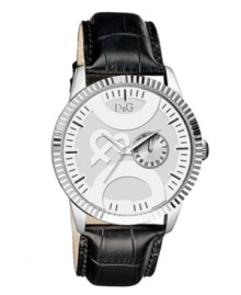 The perfect balance of tradition and innovation. Dress watch by D&G crafted of black croc-embossed leather strap and round stainless steel case. Silver tone dial features stick indices, minute track, date subdial at three o'clock, three hands and large applied logo at length of center. Quartz movement. Water resistant to 30 meters. Limited lifetime warranty. The perfect balance of tradition and innovation. Dress watch by D&G crafted of black croc-embossed leather strap and round stainless steel case. Silver tone dial features stick indices, minute track, date subdial at three o'clock, three hands and large applied logo at length of center. Quartz movement. Water resistant to 30 meters. Limited lifetime warranty.