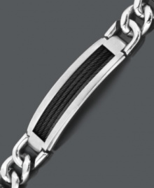 Structured ID style with a modern edge. Men's bracelet features a cable link design highlighting a black plated steel ID tag center. Crafted in titanium. Approximate length: 8-1/2 inches. Structured ID style with a modern edge. Men's bracelet features a cable link design highlighting a black plated steel ID tag center. Crafted in titanium. Approximate length: 8-1/2 inches.