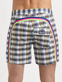 Comfortable, quick dry trunks have a lace-up waist and signature rainbow detail across the back and down the leg. Drawstring waist Grip-tape fly Back flap pocket with grip-tape closure Partial lining Inseam, about 7 Polyester Machine wash Imported 