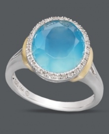 Express your style loud and clear with this bold blue ring. This statement-making style boasts a round-cut blue agate center stone (3-5/8 ct. t.w.) encircled by round-cut diamonds (1/10 ct. t.w.). Crafted in sterling silver with 14k gold accents. Size 7. Express your style loud and clear with this bold blue ring. This statement-making style boasts a round-cut blue agate center stone (3-5/8 ct. t.w.) encircled by round-cut diamonds (1/10 ct. t.w.). Crafted in sterling silver with 14k gold accents. Size 7.