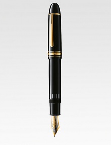 The legendary Meisterstück 149 piston fountain pen, is accented with a 18kt gold tip with rhodium-plated inlay, gold-plated clip and rings and finished with barrel and cap made of precious black resin.FountainGold-plated clipResin with inlaid logo emblemAbout 5¼ longMade in Germany The legendary Meisterstück 149 piston fountain pen, is accented with a 18kt gold tip with rhodium-plated inlay, gold-plated clip and rings and finished with barrel and cap made of precious black resin.FountainGold-plated clipResin with inlaid logo emblemAbout 5¼ longMade in Germany